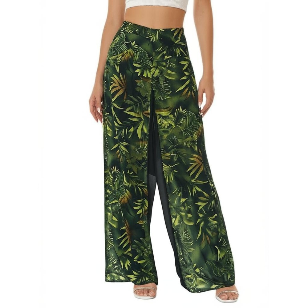 Womens Palazzo Pants Size 18 Green Tropical Split Leg Flowy Boho Chic